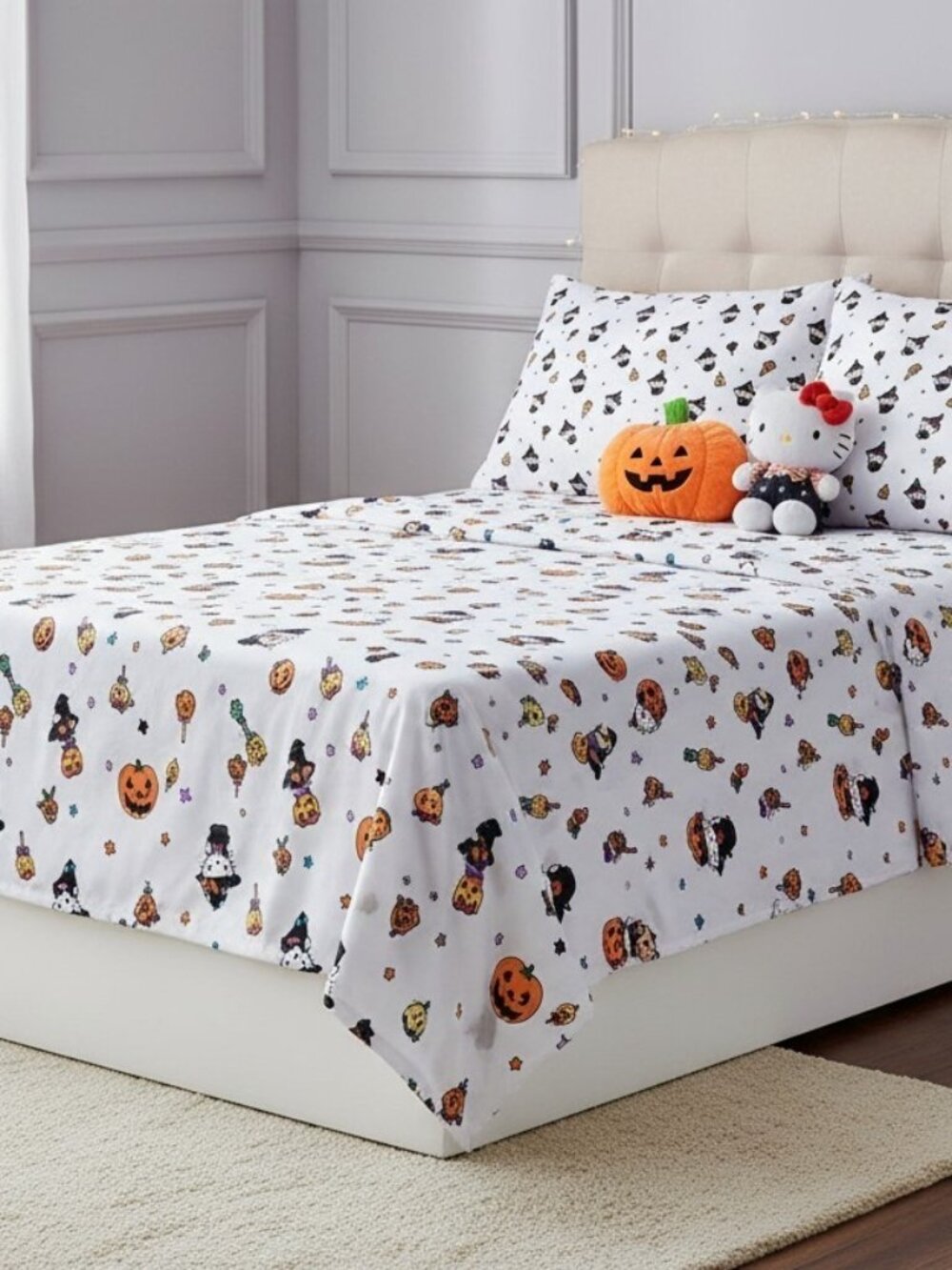 Sanrio Hello Kitty Halloween Witch Pumpkin Cats Cotton Twin Sheet Set 4PC New